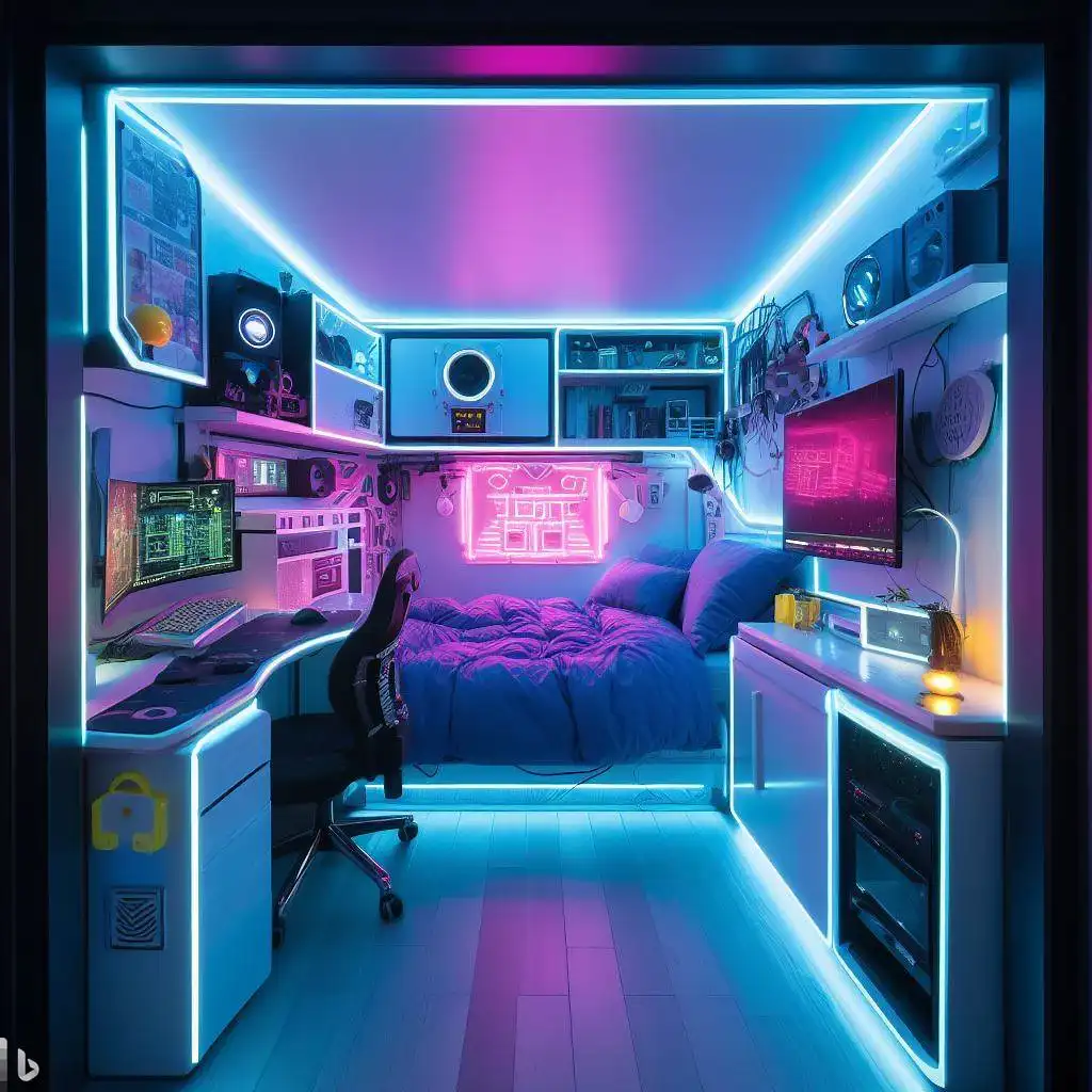 a small bedroom having cyberpunk design with neon lighting