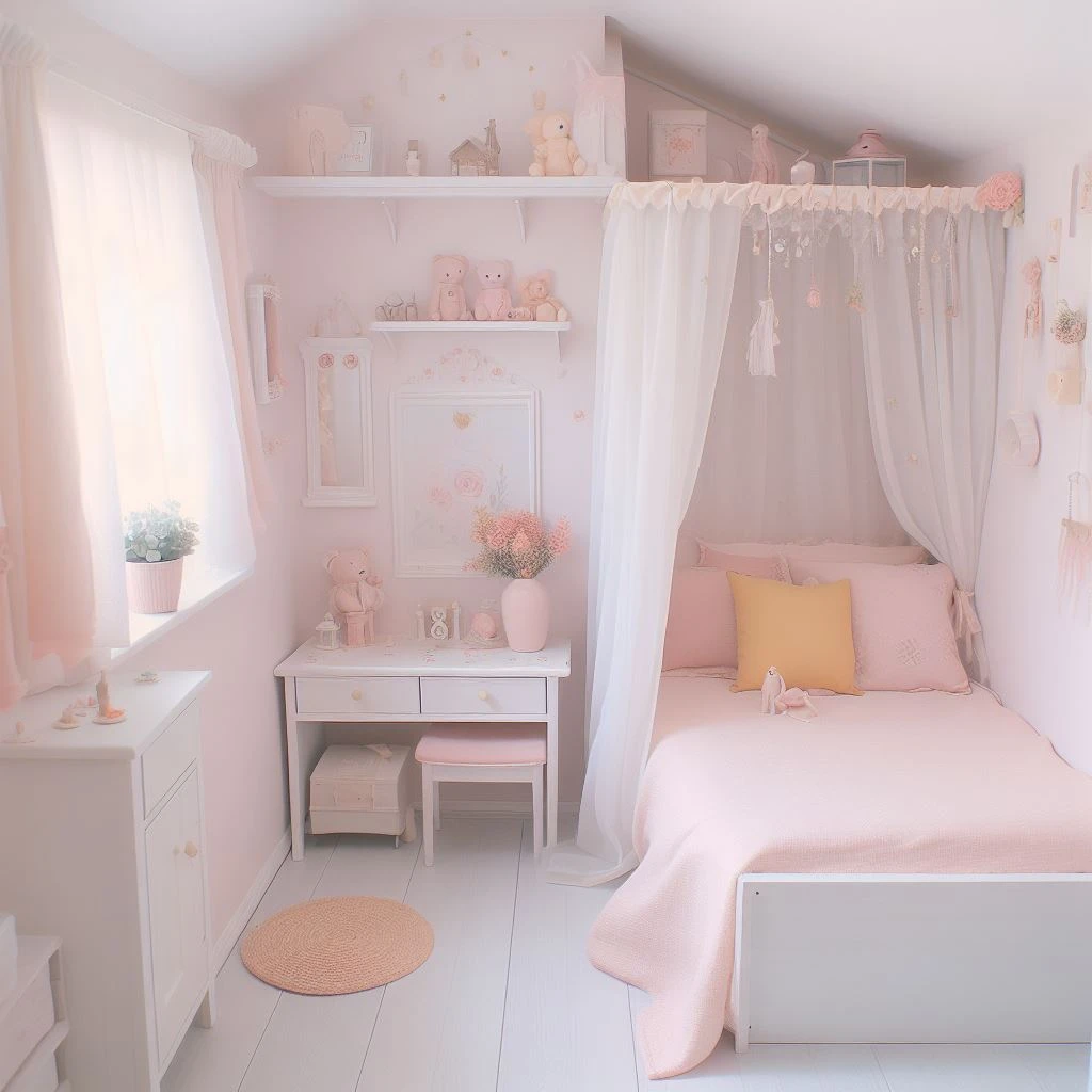 a small bedroom with soft pastel colors and delicate color