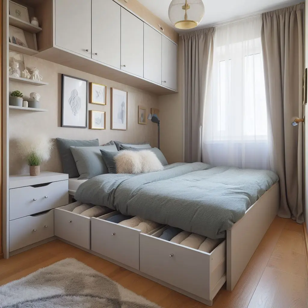 a small bedroom with a bed and built-in bed drawers