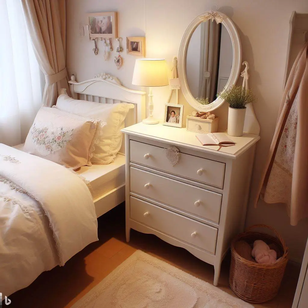 a small bedroom with dresser as a nightstand