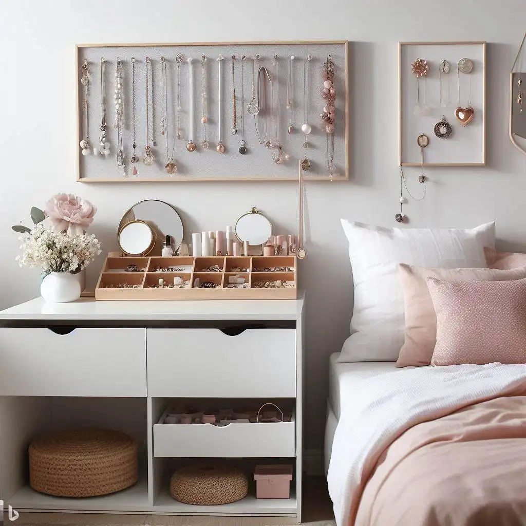 a small bedroom with jewellery display on the dresser