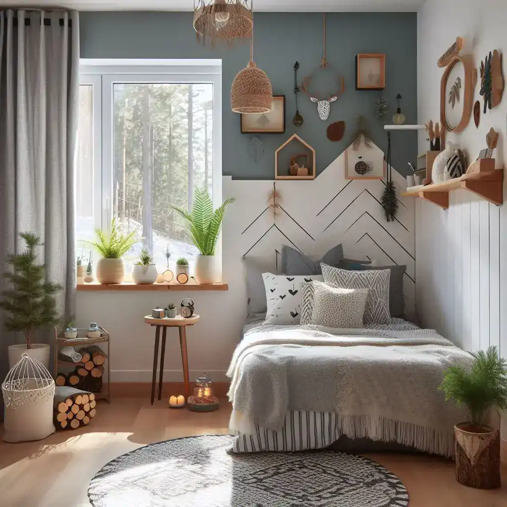 a small bedroom with nordic forest theme and fuelwood on the floor