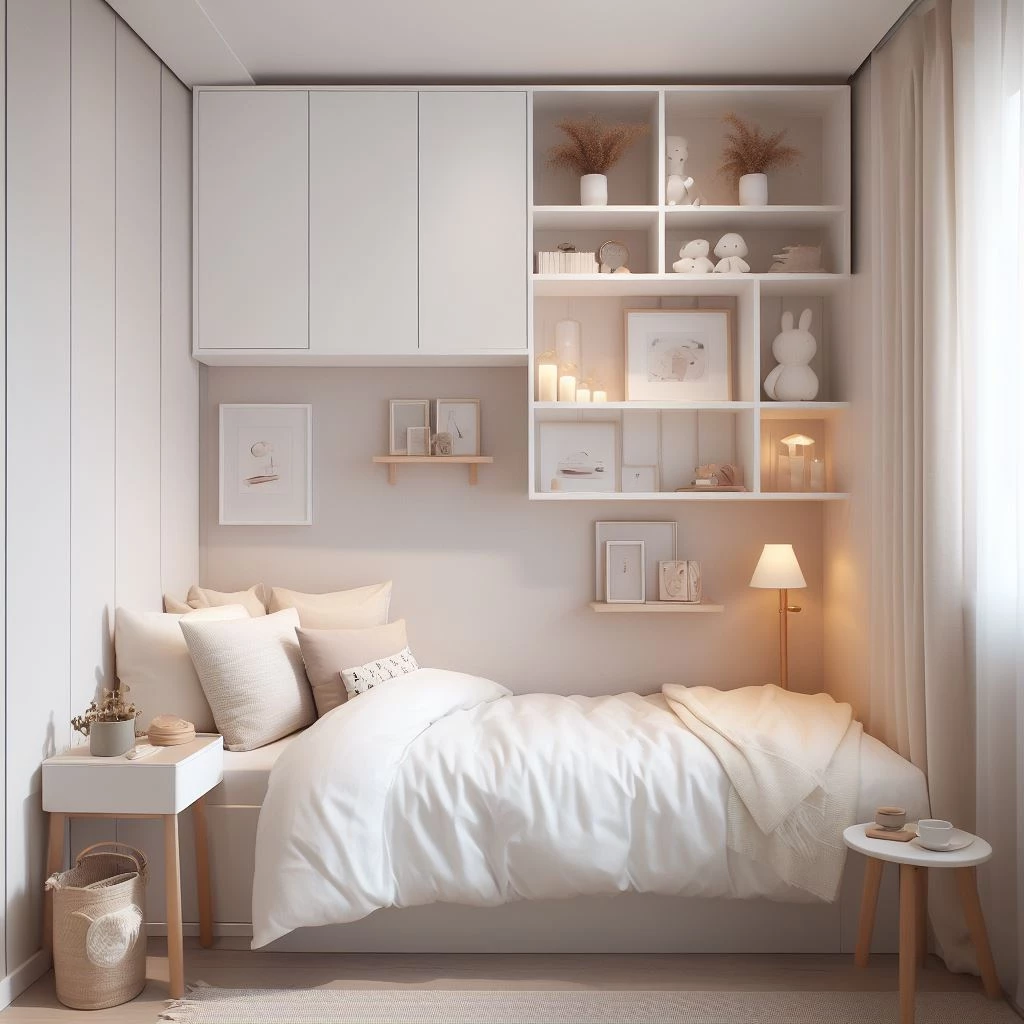 a small bedroom with sleek floating shelves