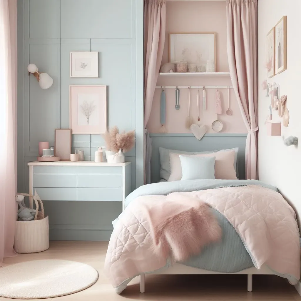 a small bedroom with soft color palette