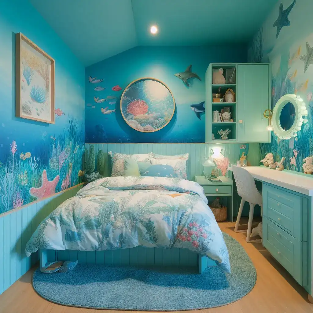 a small bedroom with underwater wallpaper on wall