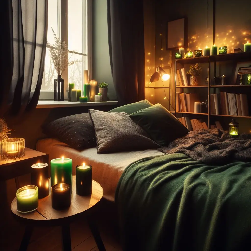bedroom with green and black candles