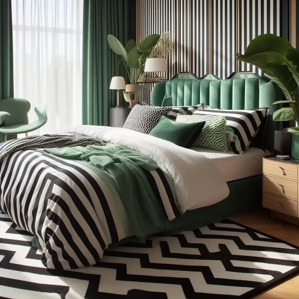 bedroom with green and black stripe bed skirt