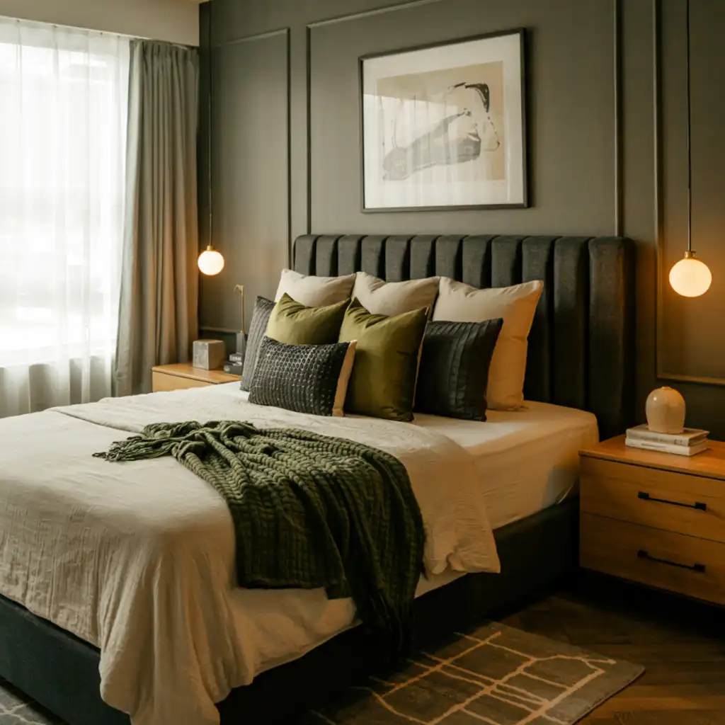 bedroom with green geometric rug