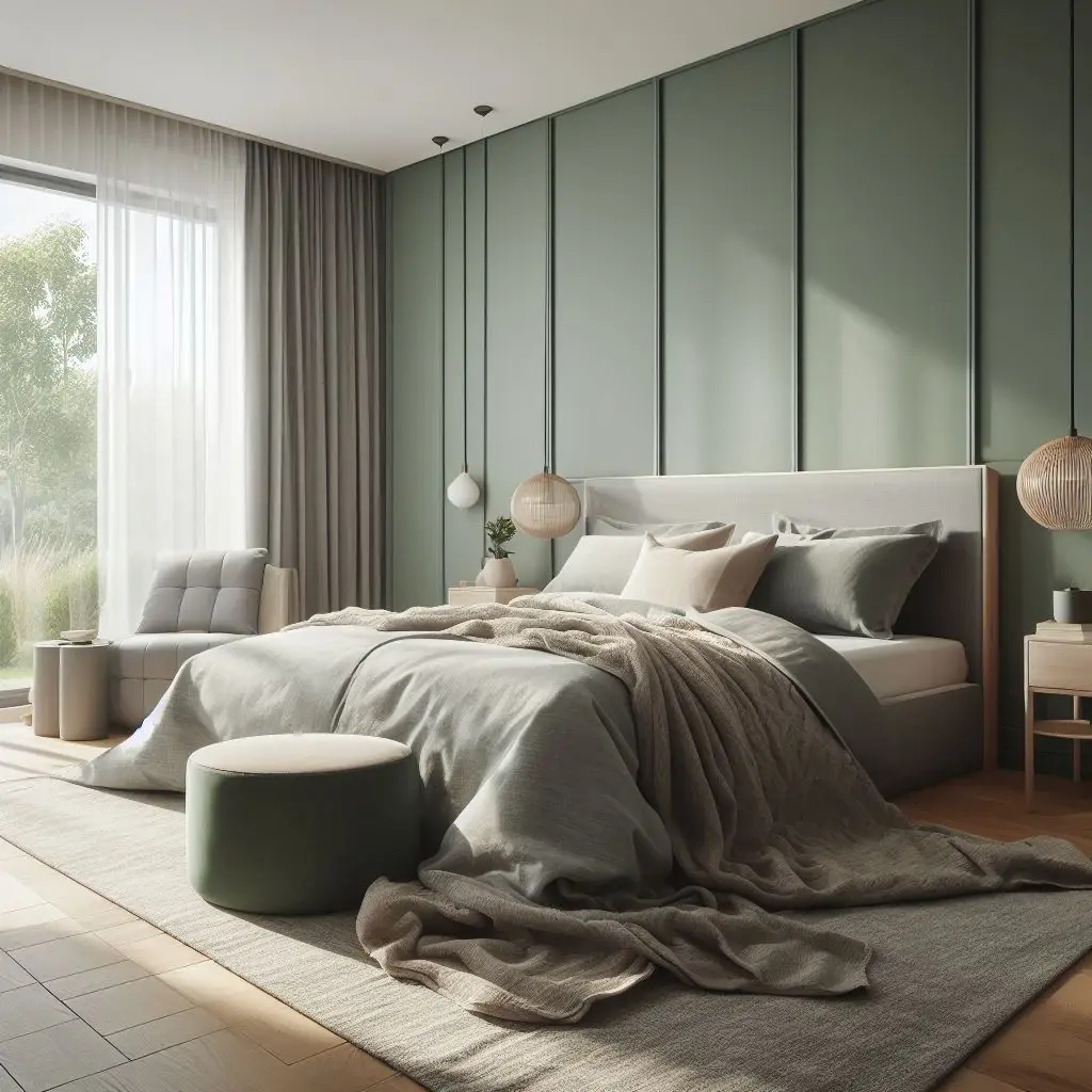 bedroom with sage green wall and grey furniture