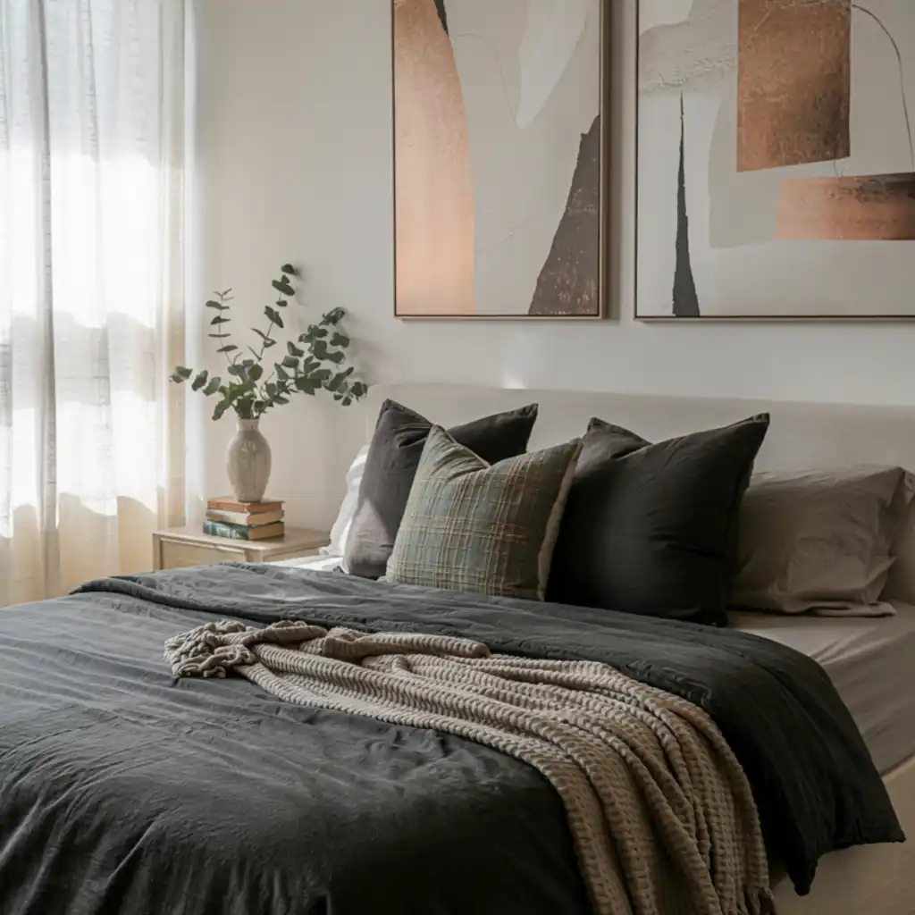 black and green bedroom with black bedding and paintings