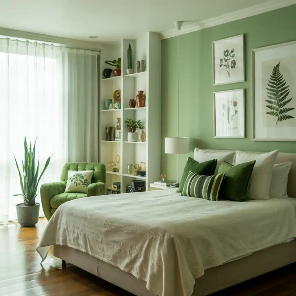 black bed frame white bedding, black shelves