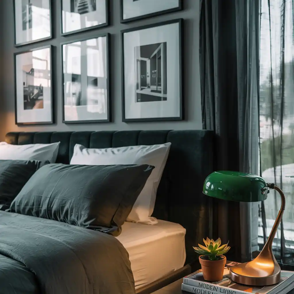 black dresser with green table lamp in black and green bedroom