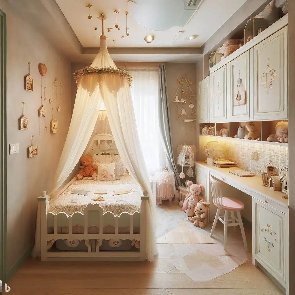 fairy tale-inspired design with canopy bed in small bedroom
