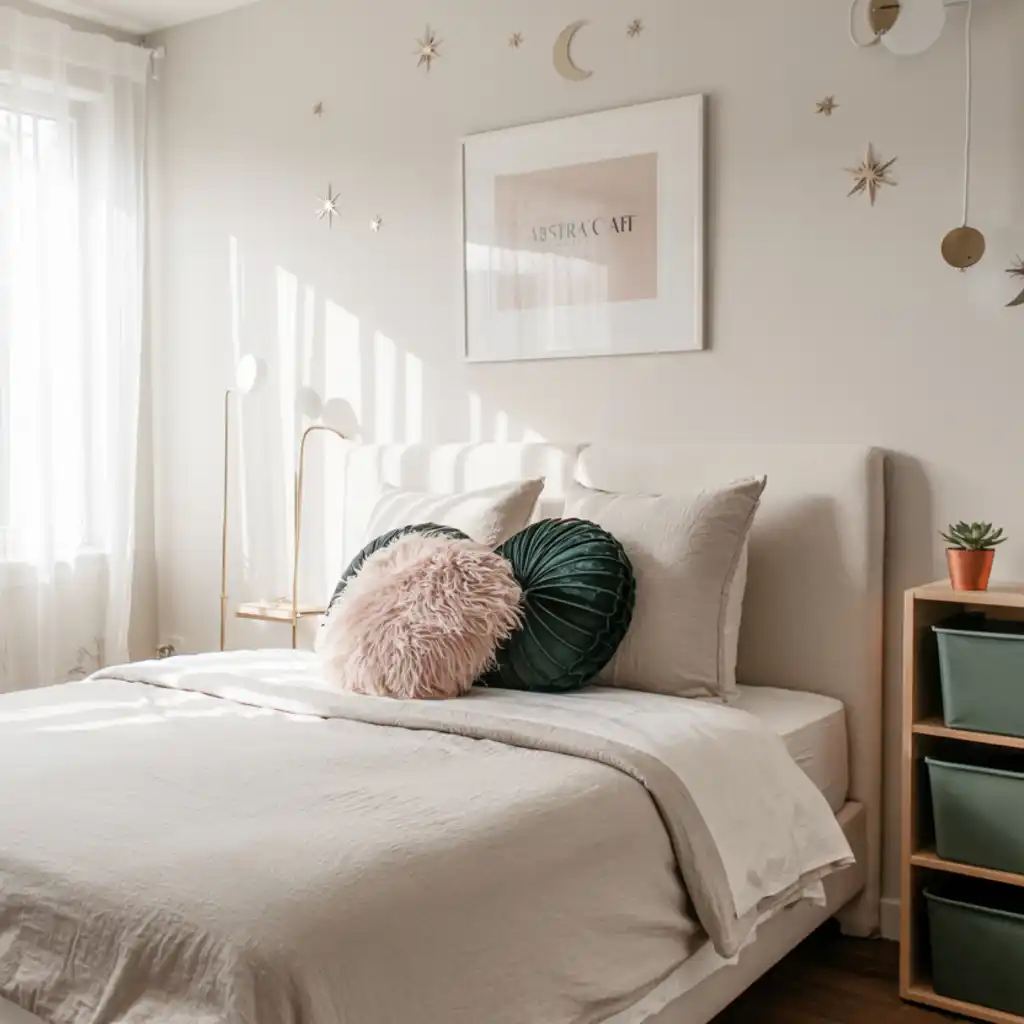 green and black bedroom with green storage bins