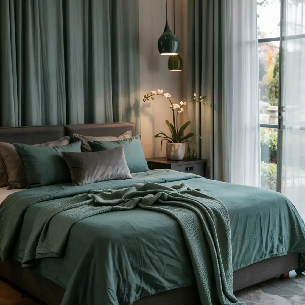 green bedroom with black furniture