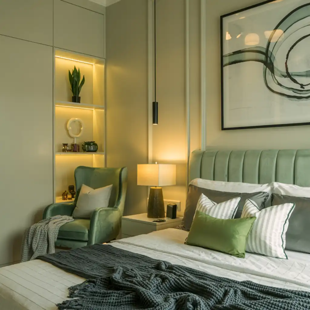 green bedroom with green accent chair