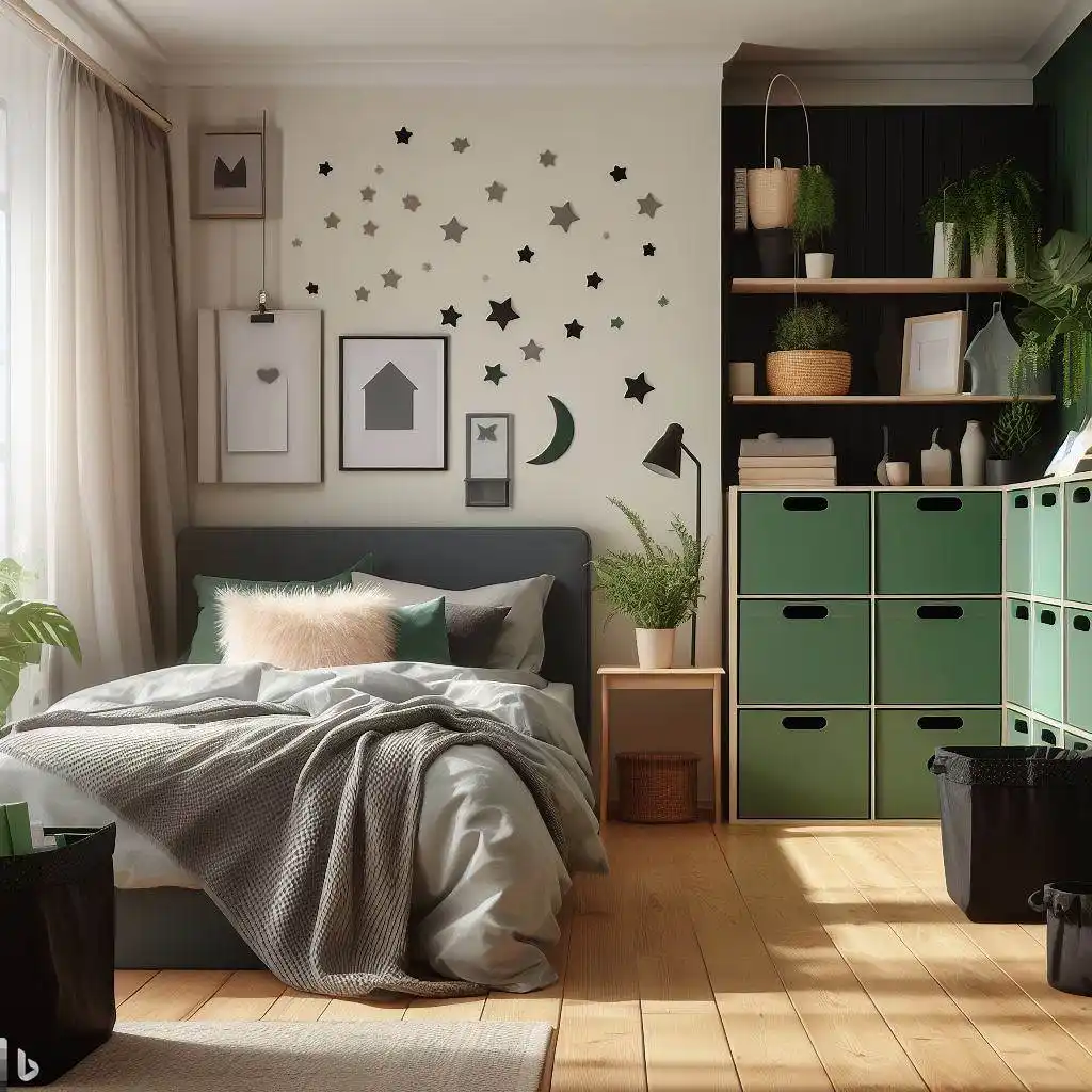 green bedroom with green storage bins