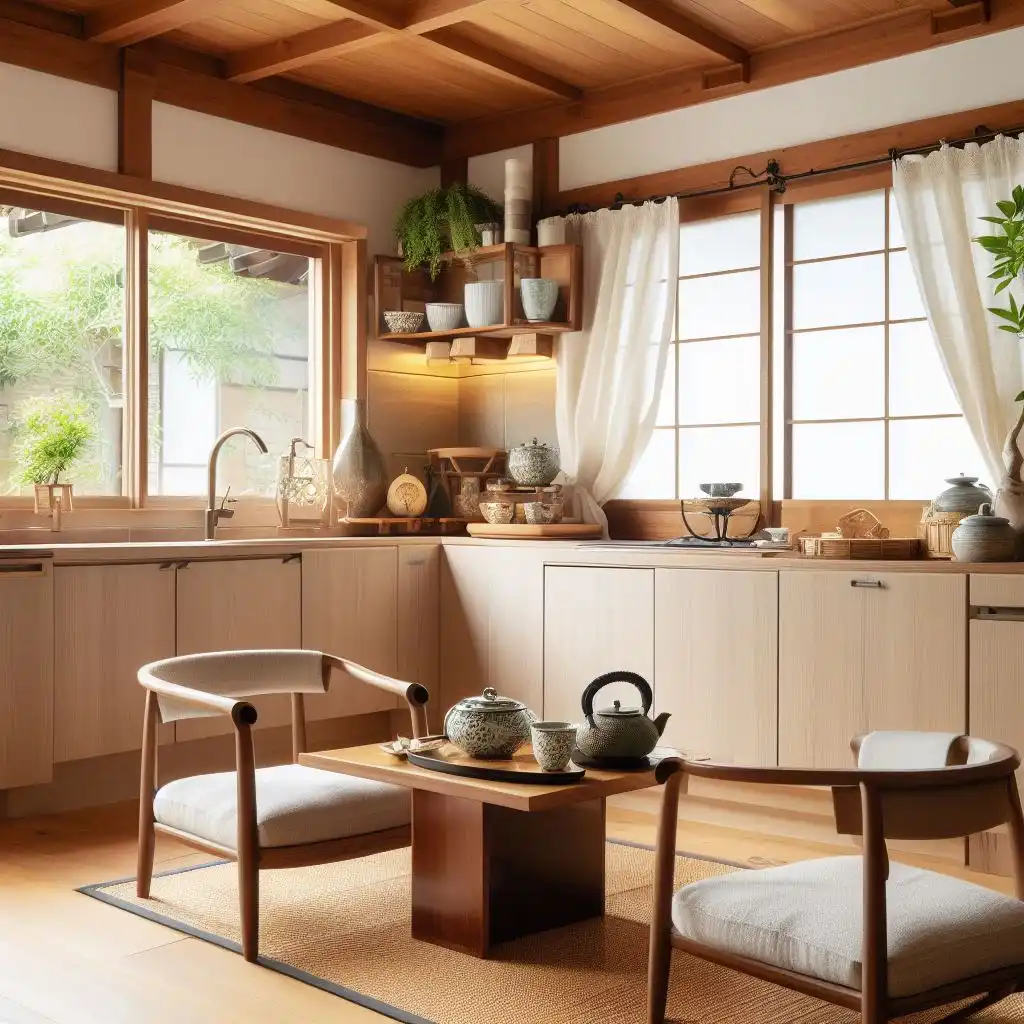 japandi kitchen having tea corner with japanese tea set