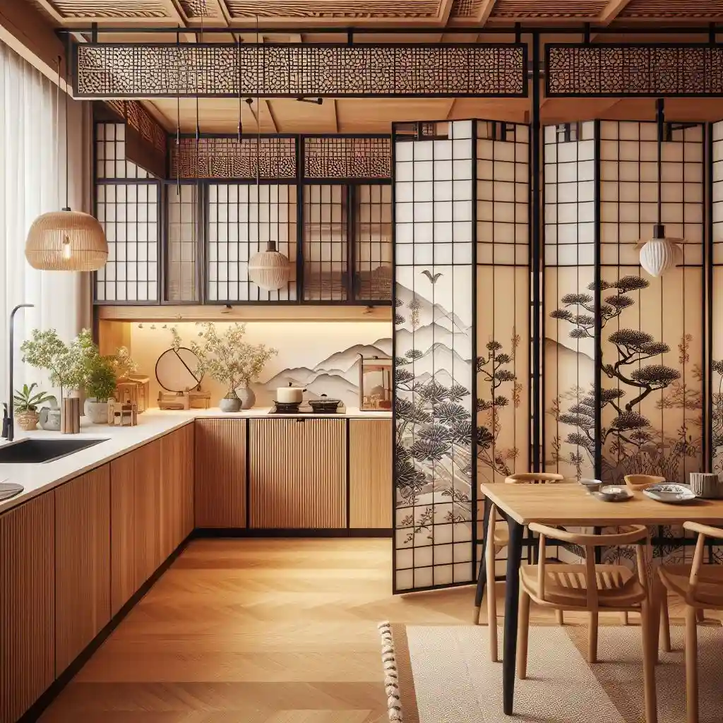 japandi kitchen having Folding Screens With Japanese Motifs