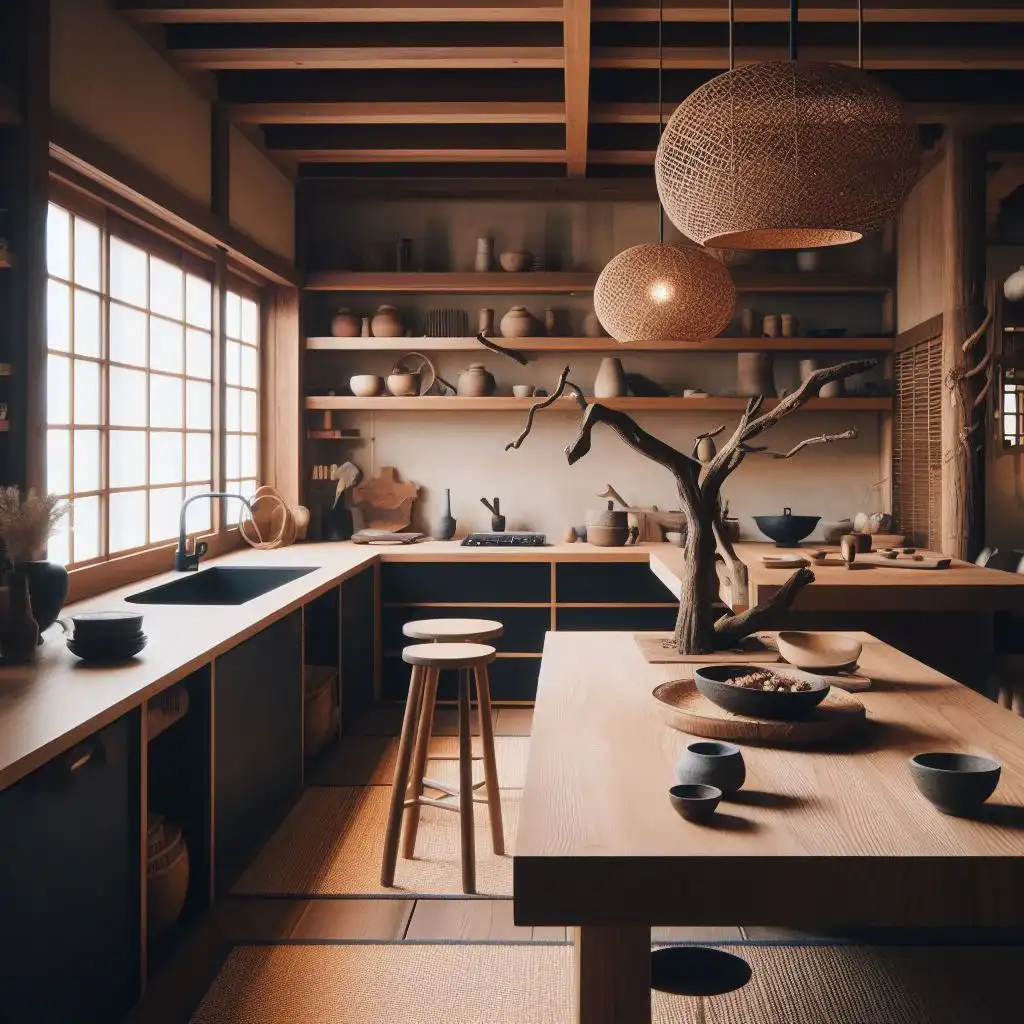 japandi kitchen with a dry tree branch on the dining table
