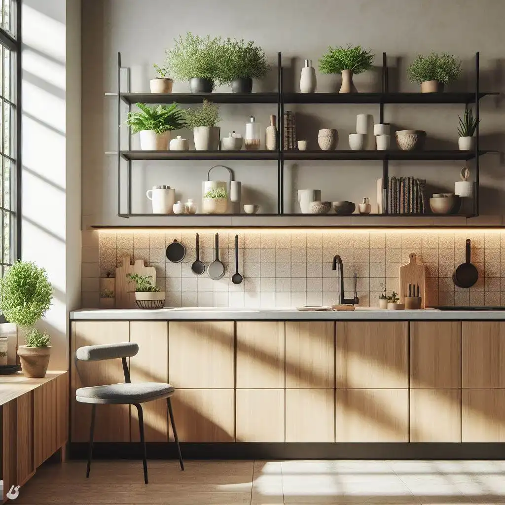 japandi kitchen with floating shelves