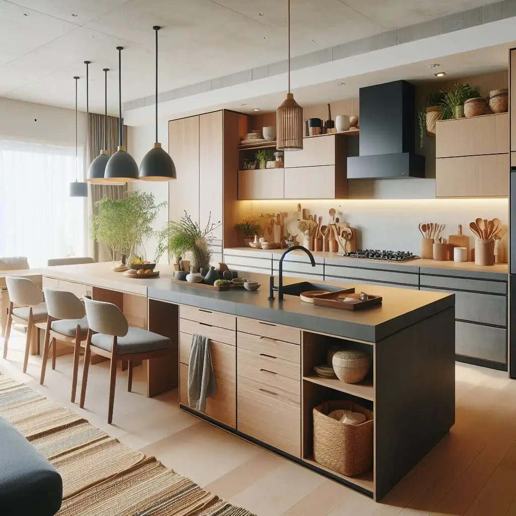 japandi kitchen with kitchen island storage