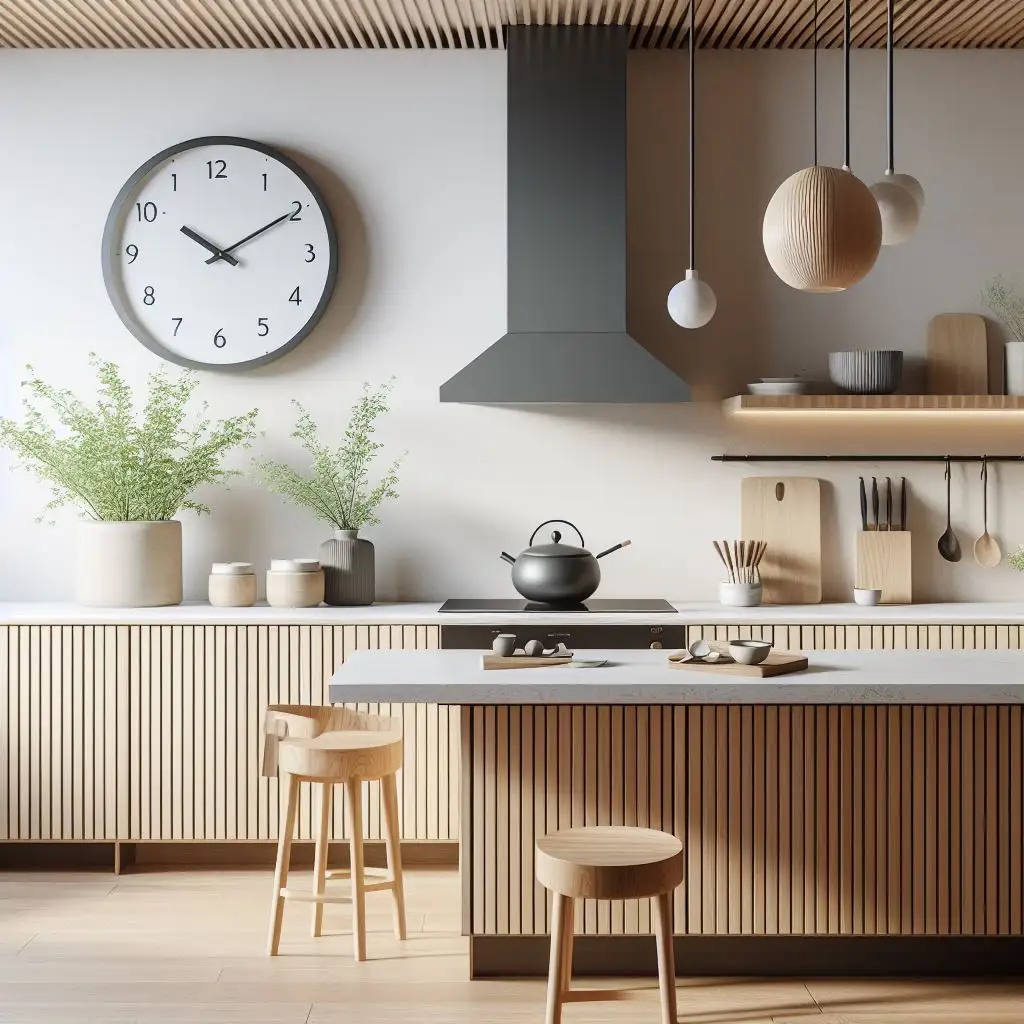 japandi kitchen with minimalist clock on the wall