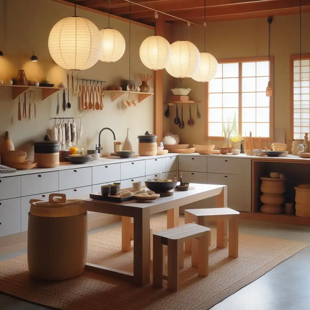 japandi kitchen with paper lantern