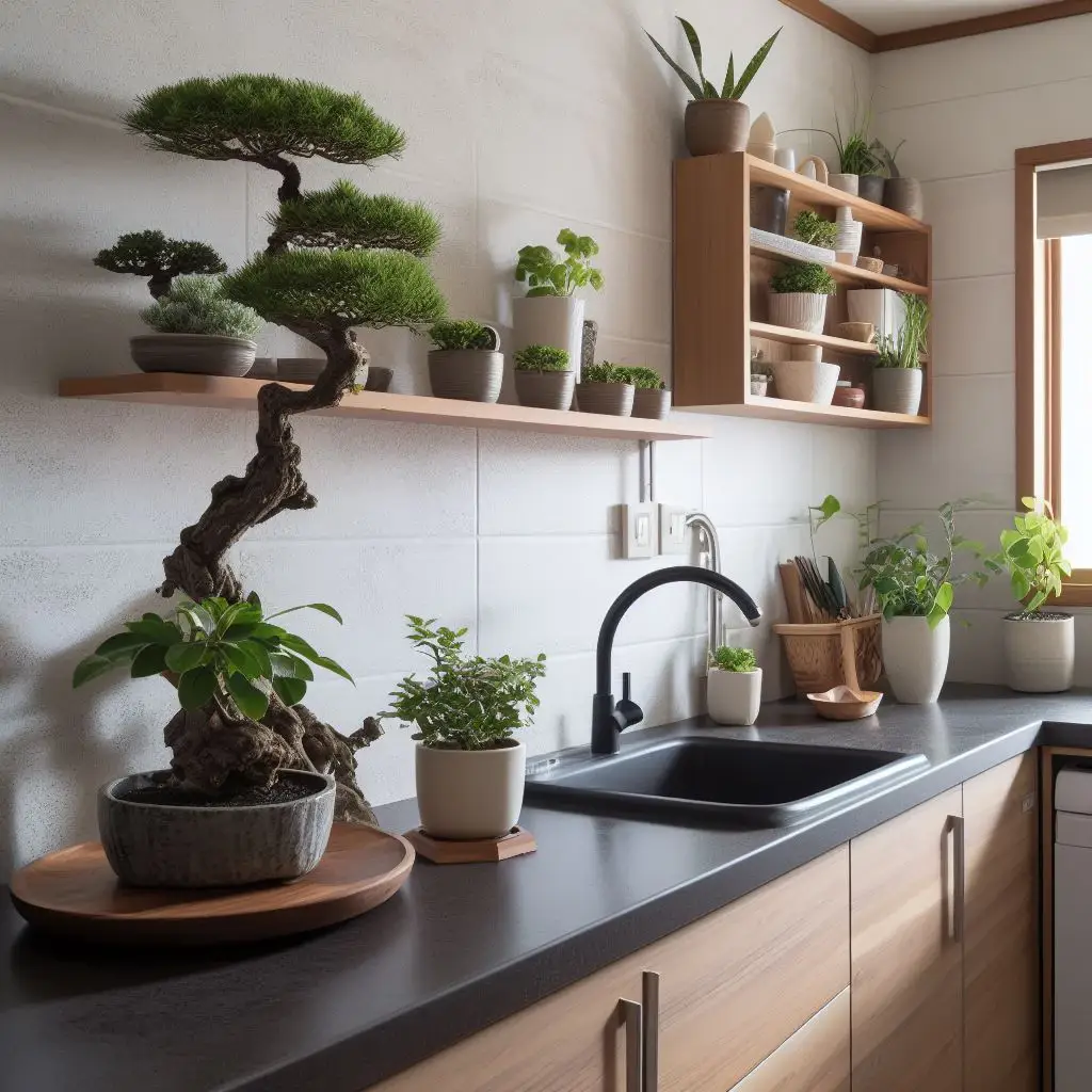 japandi kitchen with potted plant and bonsai tree on the counter top
