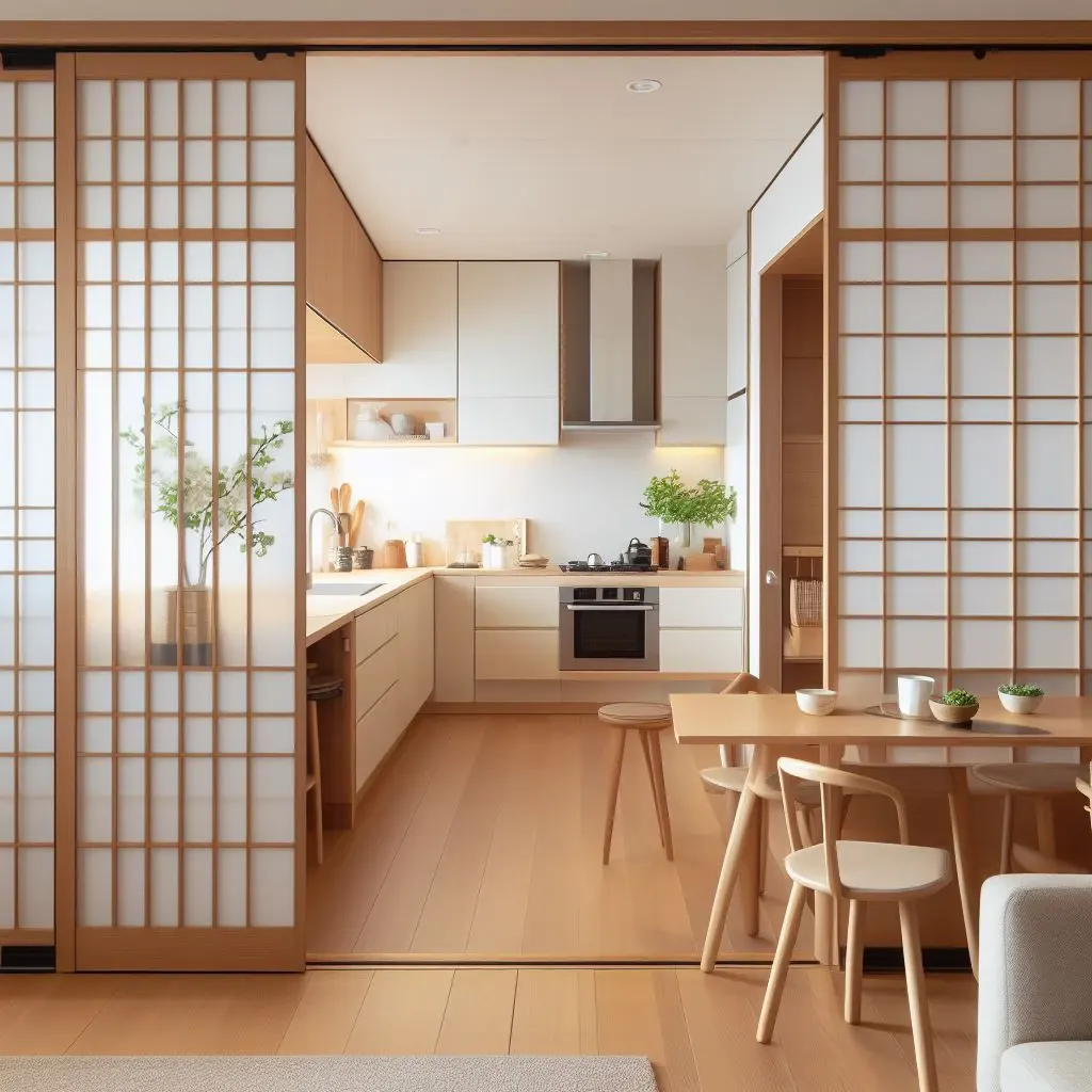 japandi kitchen with shoji screen sliding door