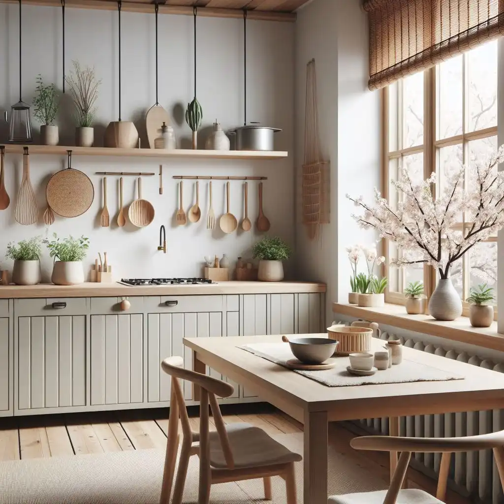 japandi kitchen with wooden utensils and a dining table
