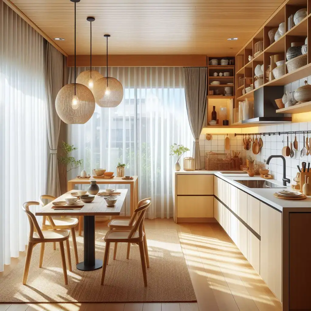 japandi kitchen withMaximize natural light by using light curtains or sheer blinds