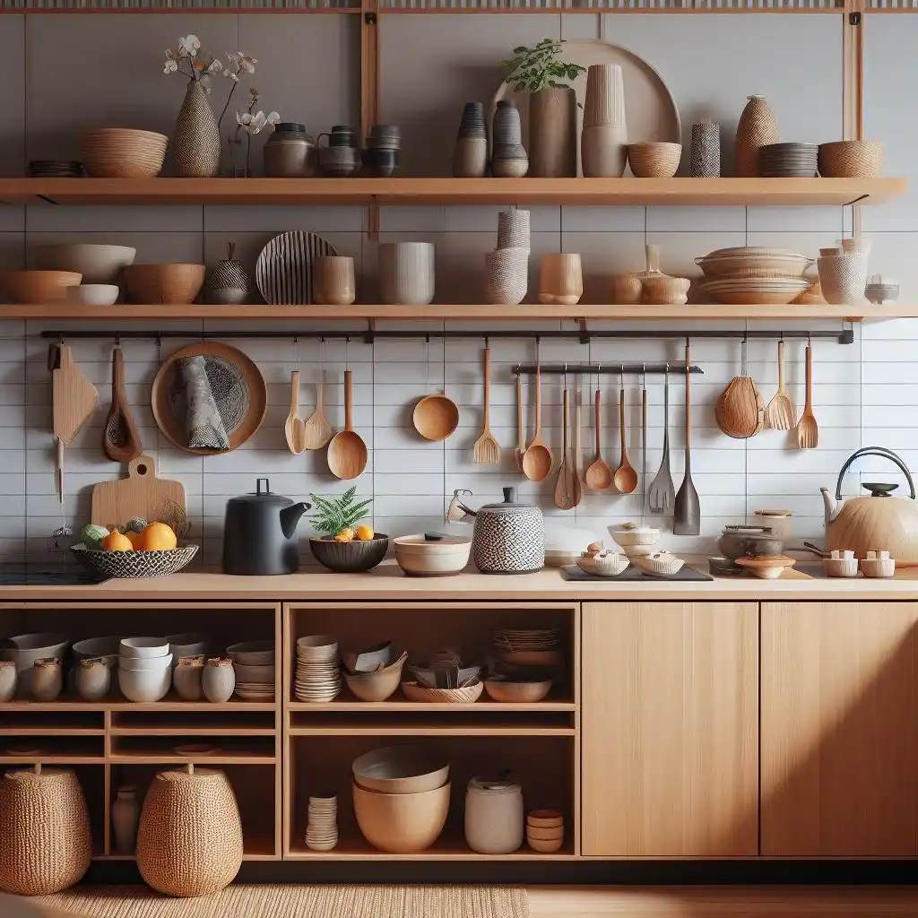 japnadi kitchen with open shelves showing kitchen essentials