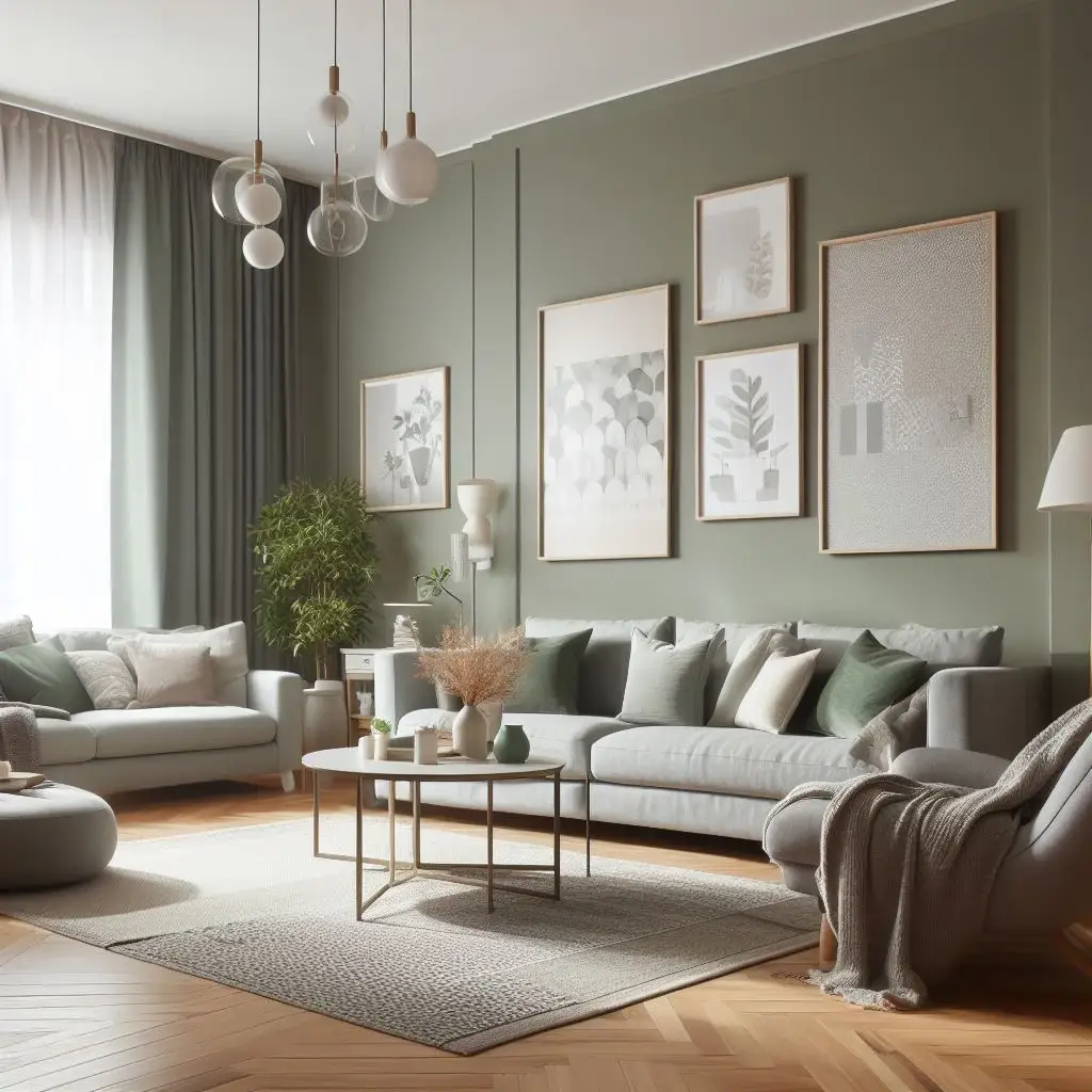 living room with sage green wall color and grey furniture