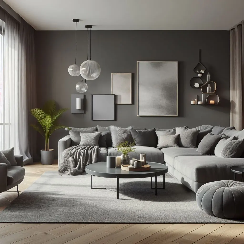 living room with tonal grey wall color and grey furniture