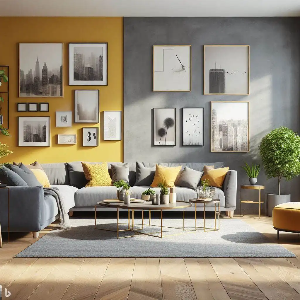 living room with yellow accent wall and grey furniture