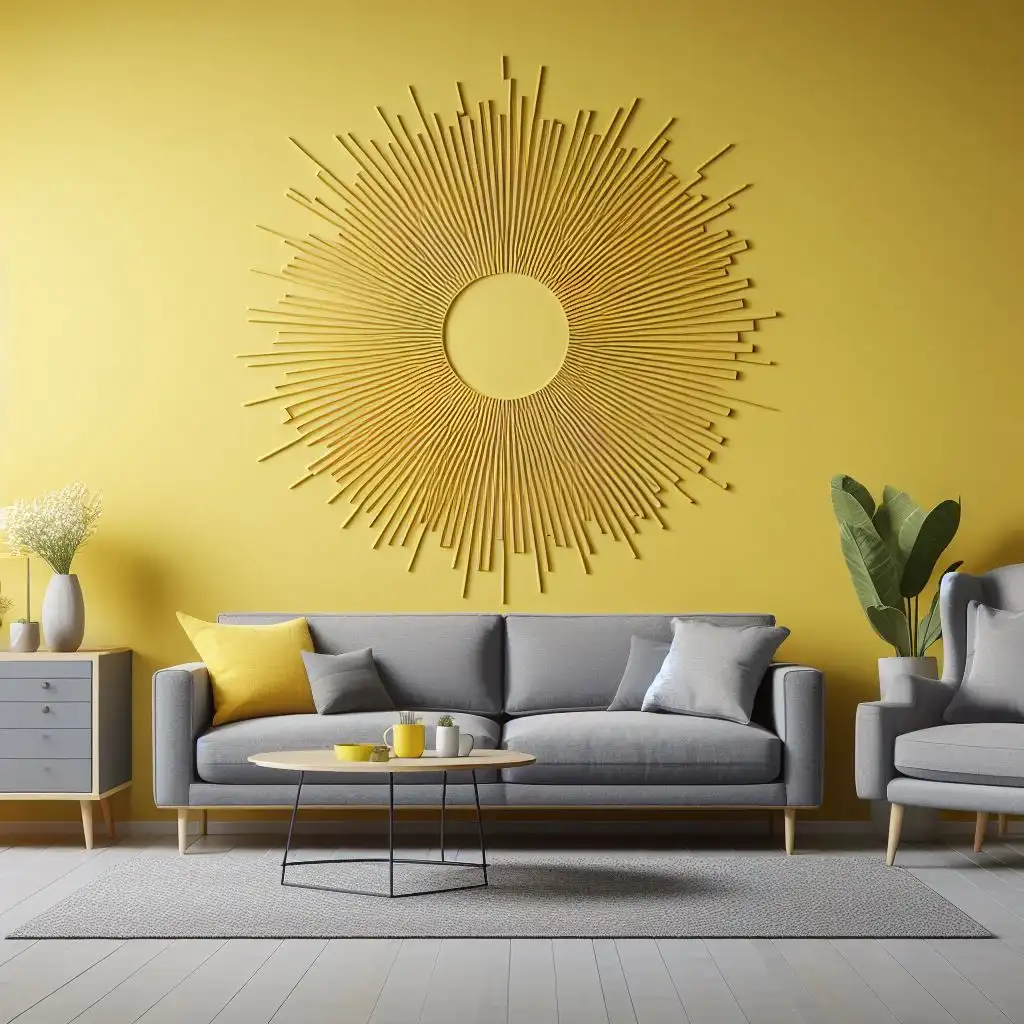 living room with yellow wall color and grey furniture