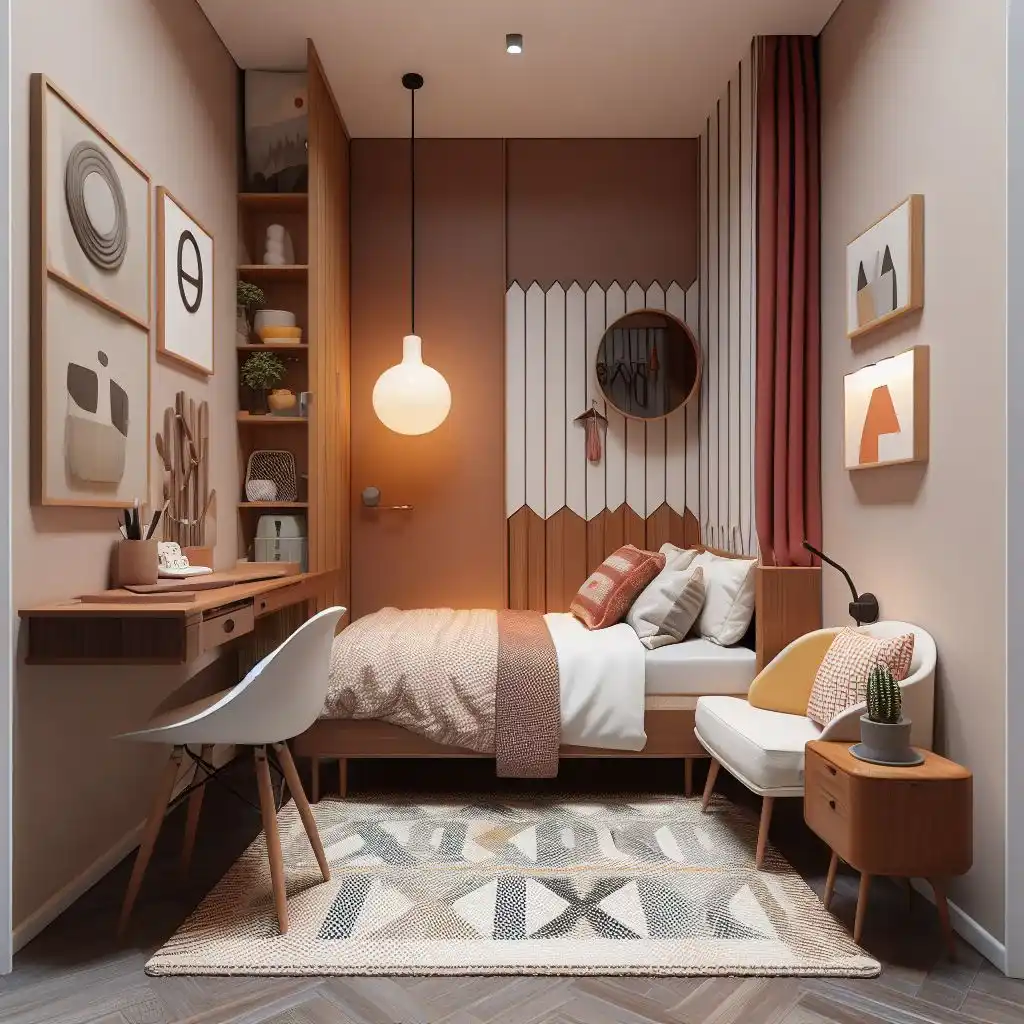 mid-century modern with iconic furniture pieces in small bedroom