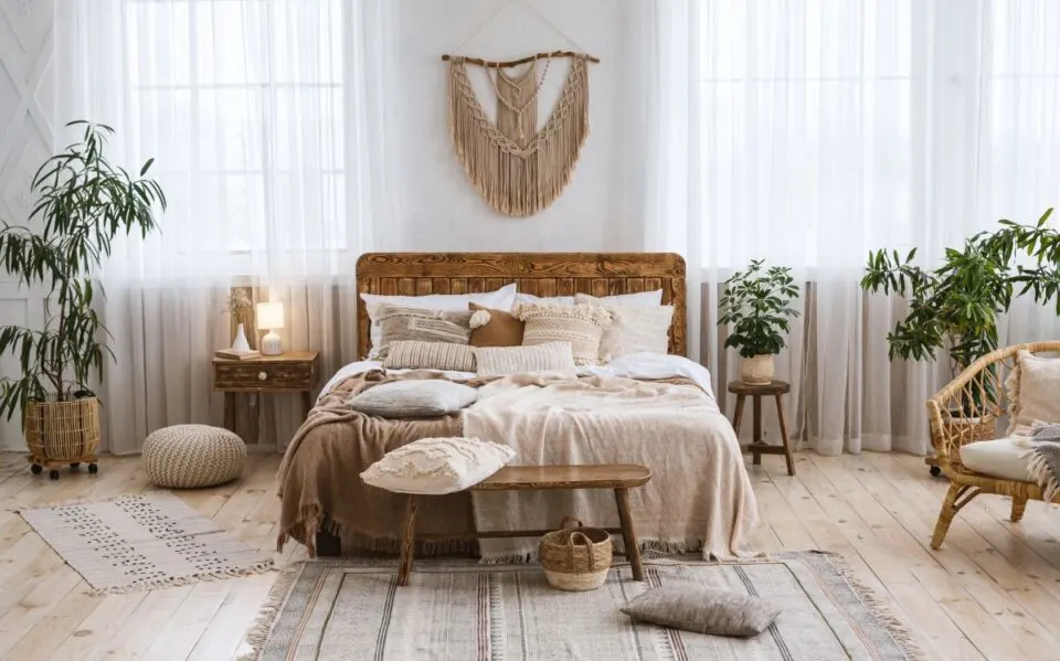 Rustic boho bedroom with wooden furniture