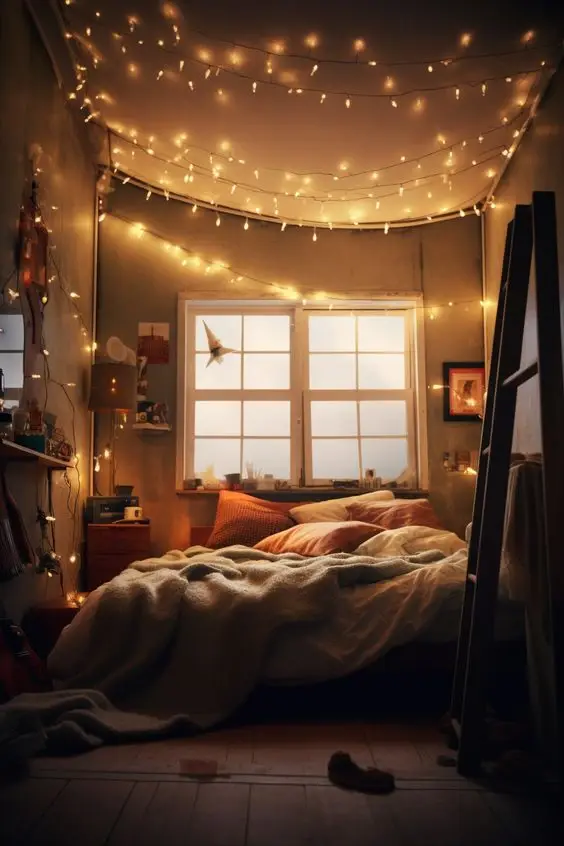 bedroom with stary lights above the bed