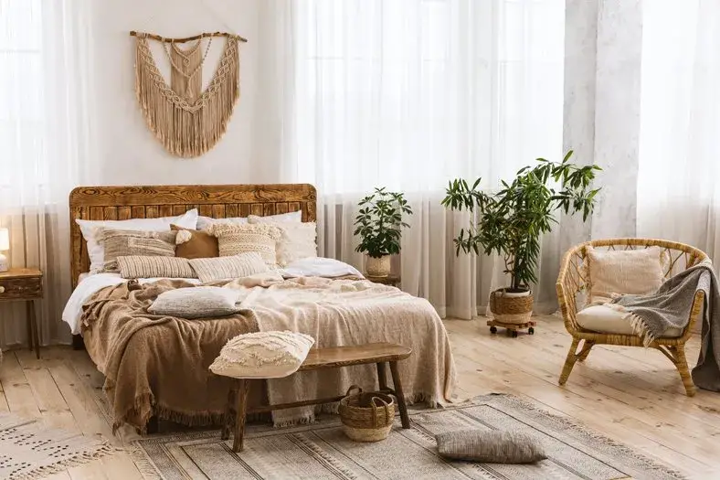 boho bedroom in brown and beige