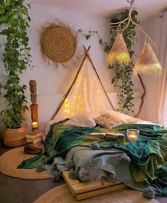 boho bedroom in indoor camping style