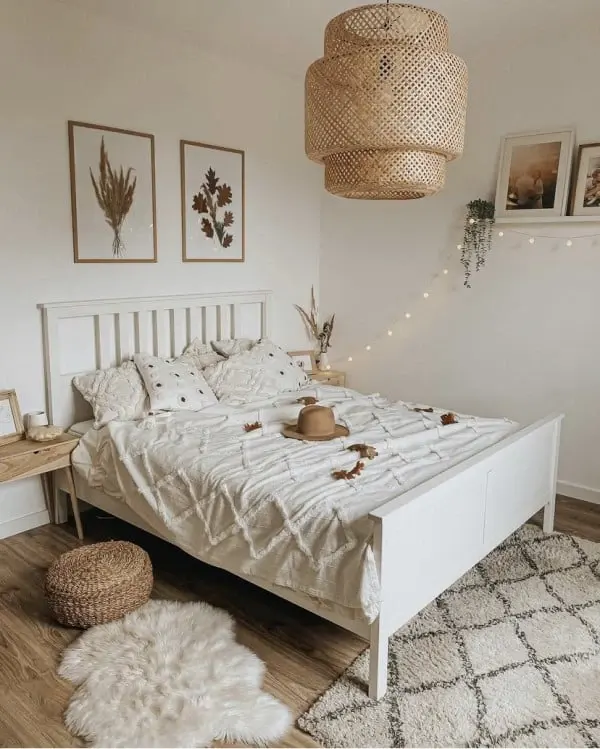 boho bedroom with big light fixtures