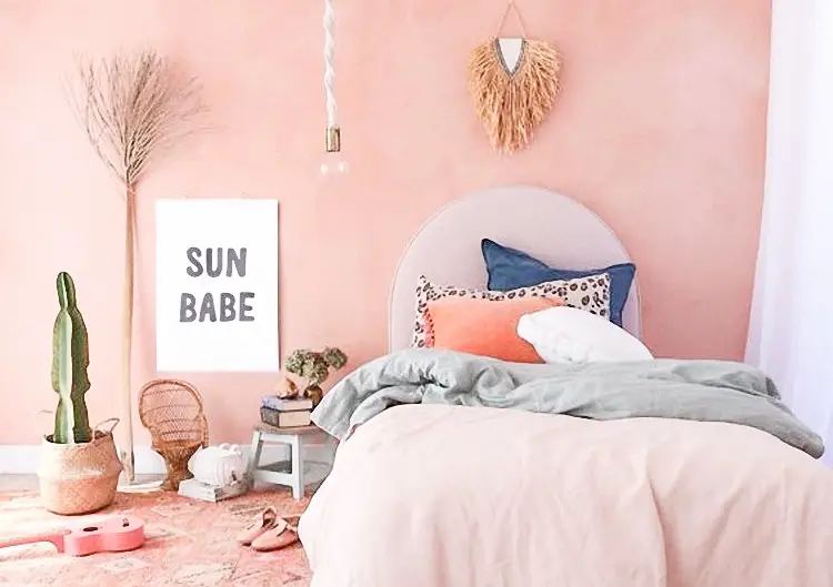 boho bedroom with peach blush color scheme