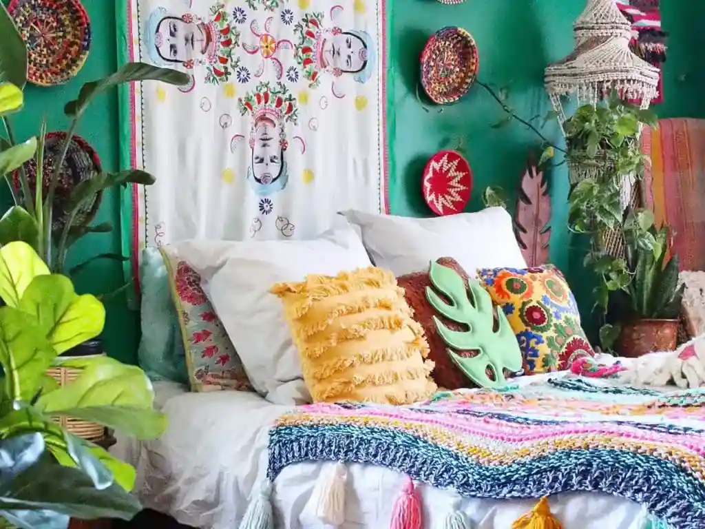 boho bedroom with striking colors