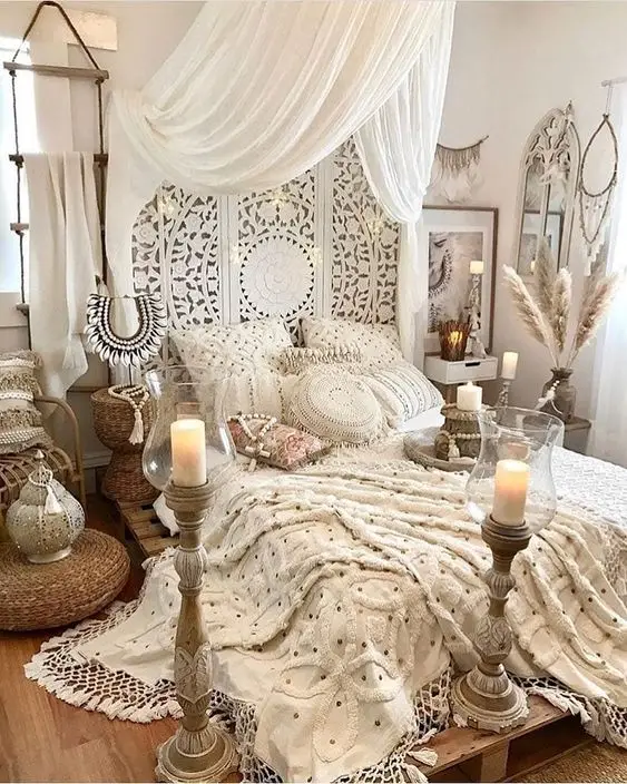 boho bedroom with white color scheme