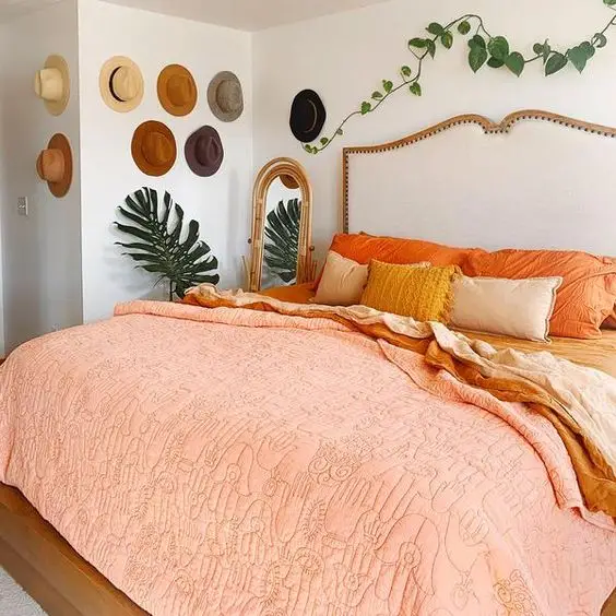 boho bedroom with peach pastel hue