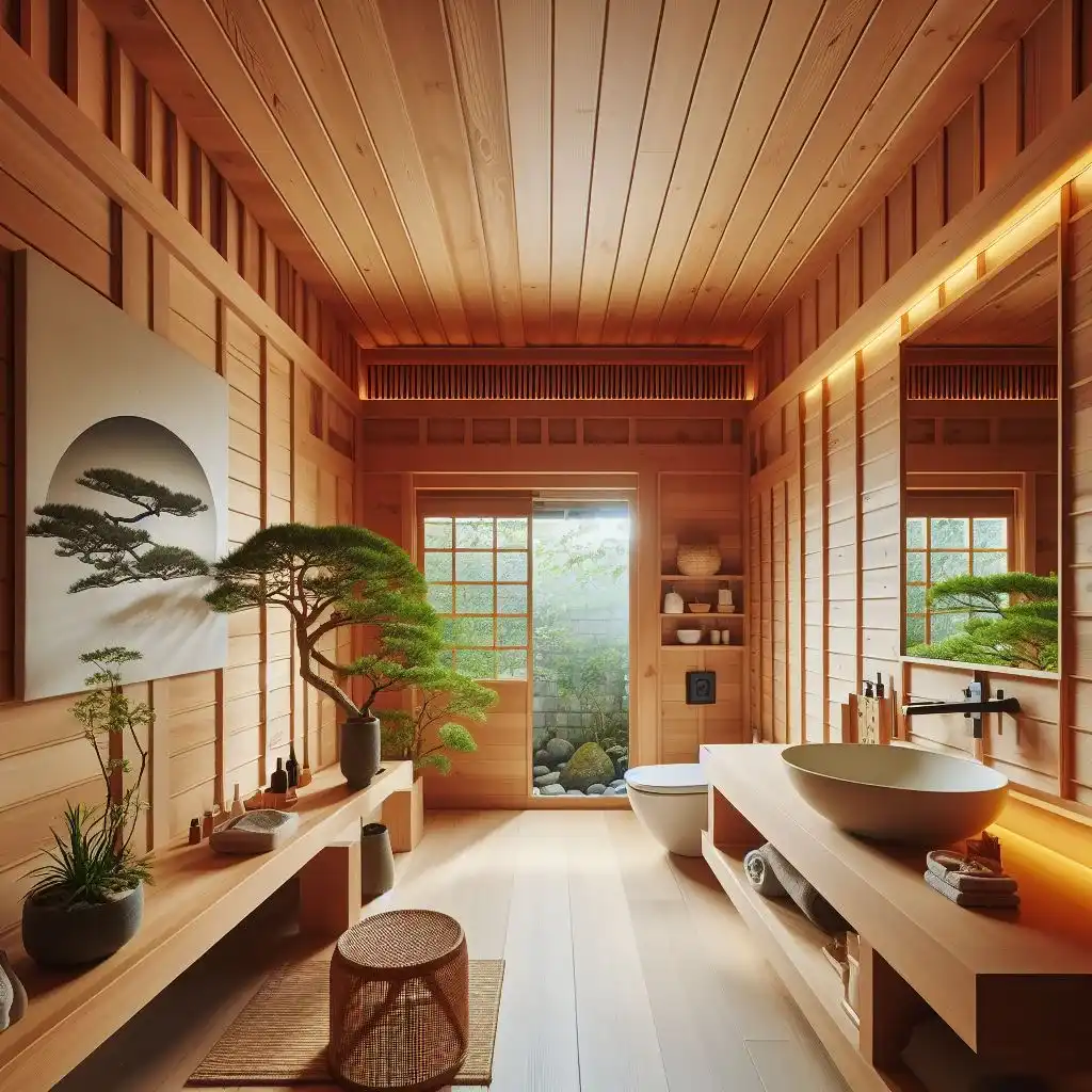 create an image of japandi bathroom with ceader wood ceiling panels