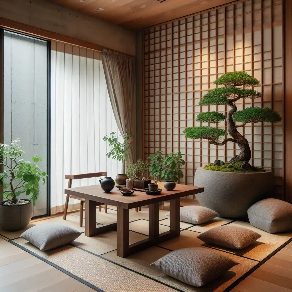 japandi dining room with a bonsai tree