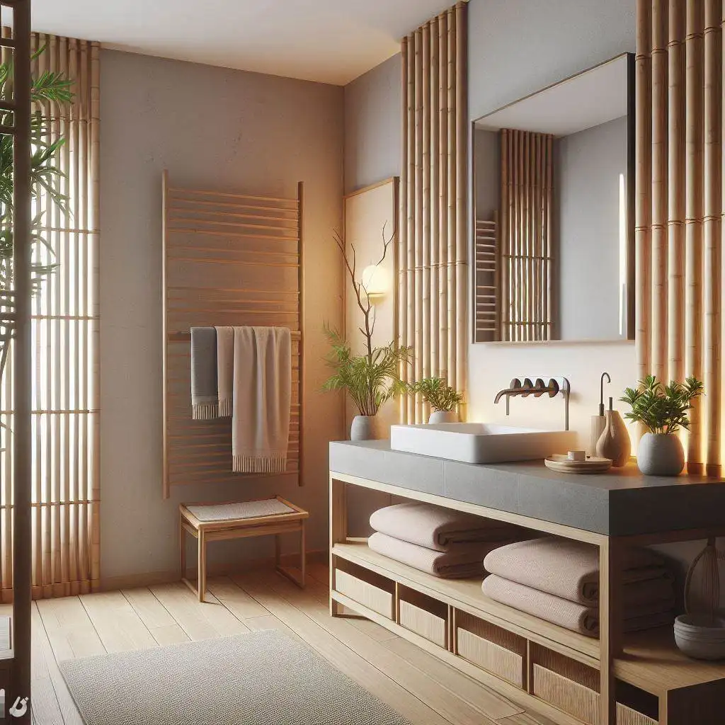 japandi bathroom with Linear Bamboo Towel Rack 